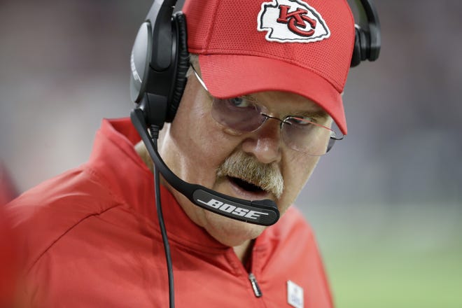 Kansas City coach Andy Reid has a 24-12 career record against the AFC West. The Chiefs look for their 13th straight win in the division Thursday at Oakland. [David J. Phillip/The Associated Press]