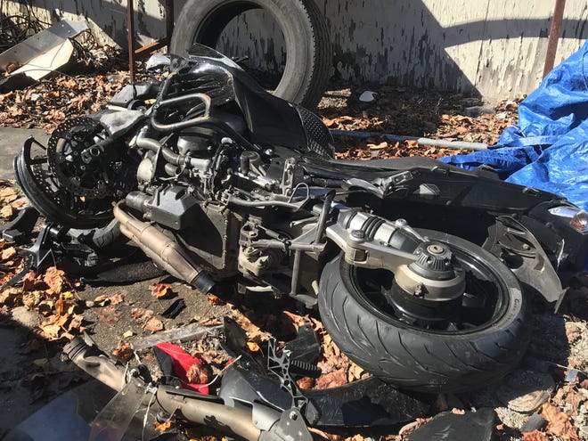 This is all that remains of the Kawasaki motorcycle James Braswell was driving on Sunday when it collided with a Volkswagen Jetta. Braswell remains in critical condition in a Charlotte hospital. [Adam Lawson/The Gaston Gazette]