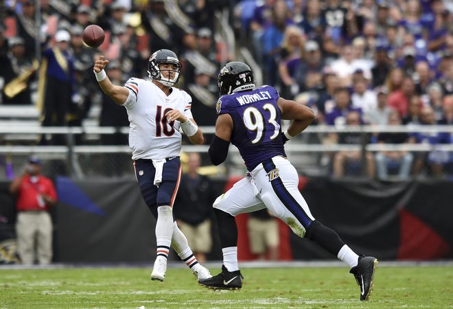 Bears quarterback Mitchell Trubisky throws a pass during his team's win over the Baltimore Ravens on Sunday. [Gail Burton/The Associated Press]
