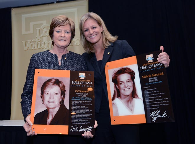 This Nov. 2, 2012, photo provided by the University of Tennessee Athletics Department, shows Pat Summitt, left, and Michelle Marciniak at Lady Vol Hall of Fame induction ceremonies in Knoxville, Tenn. Michelle Brooke-Marciniak played for Pat Summitt on Tennessee's 1996 national championship team and now serves as a board member on her former coach's foundation. Brooke-Marciniak will honor Summitt once again this week as she joins a group of cyclists riding 1,098 miles - one mile for each of Summitt’s career wins - to raise money and awareness in fighting Alzheimer’s disease. (Wade Rackley/University of Tennessee Athletic Department via AP)