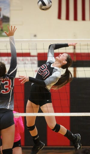 TIMES-REPORTER PAT BURK

Sage Peters of Tusky Valley takes a shot against Sandy Valley during the Division III sectional match Tuesday at Tusky Valley.