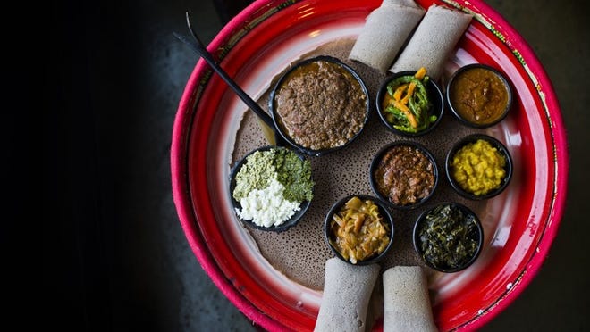 The combination vegetarian platter at the Habesha Ethiopian Restaurant in north Austin is among Austin's vegetarian-friendly options.