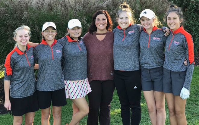 The Ashland High girls golf team will compete Friday and Saturday at the Div. I state tournament at Ohio State's Gray Course. The team includes (from left) Livia Sponsler, Anna Watson, Abby Fossececa, coach Amanda Young, Leah Metzger, Emma Swain and Kira Moore.