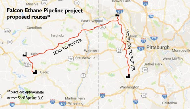 The proposed pathway of the Falcon Ethane Pipeline project directing ethane to the planned cracker plant in Potter Township. [Submitted]