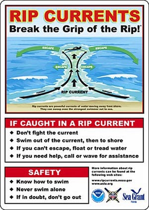 This condensed version of the Florida Sea Grant safety tips document on Rip Currents can help you remember what to do if you are caught in a rip current. [News-Tribune file]