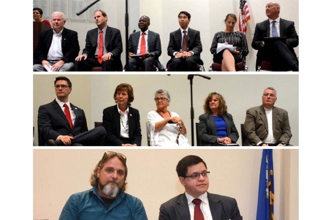 First row: Democratic City Council candidates, from left; Robert Phoenix, Sam Browning, Zato Kadambaya, Kevin Saythany, Stephanie Burnham and Joseph Delucia during the Norwich City Council debate at the Sydney E. Frank Center Ensemble Room on Norwich Free Academy's campus; Second row: Republican City Council candidates at the debate are, from left, Rob Dempsky, Stacy Gould, Joanne Philbrick, Margaret Betcotte and Bill Nash; Third row: Libertarian City Council candidates at the debate are James Fear, left, and Nick Casiano. [Photos by Aaron Flaum/NorwichBulletin.com]