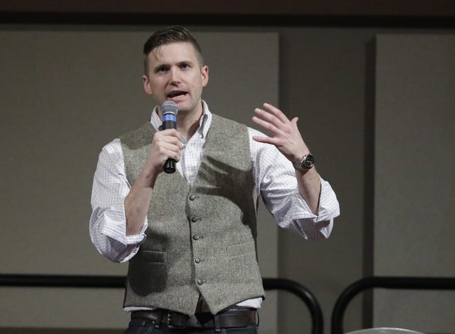 In this Dec. 6, 2016, file photo, Richard Spencer, who leads a movement that mixes racism, white nationalism and populism, speaks at the Texas A&M University campus in College Station, Texas. A day before Spencer is scheduled to speak at the University of Florida, its President W. Kent Fuchs affirmed Wednesday, Oct. 18, 2017, his belief in free speech but said the security costs of such an event at a public university put an unfair burden on taxpayers. [David J. Phillip/Associated Press file]