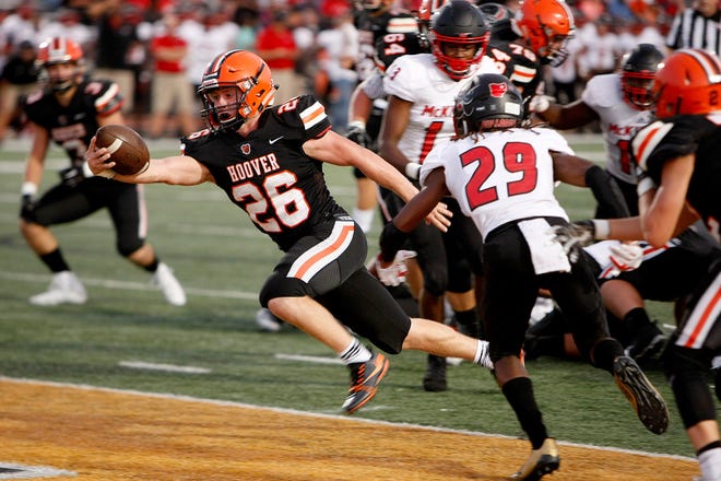 Hoover running back Luke Reicosky scores a touchdown against McKinley on Sept. 22 at North Canton's Memorial Stadium. Reicosky leads the Federal League in rushing with 1,240 yards. (CantonRep.com / Dave Manley)