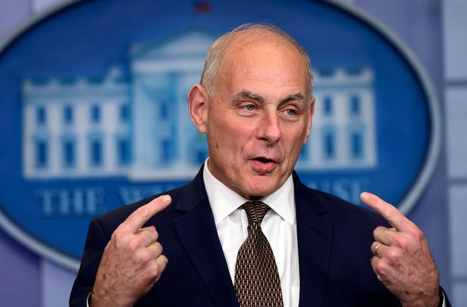 FILE - In this Oct. 12, 2017, file photo, White House Chief of Staff John Kelly speaks during the daily press briefing at the White House in Washington. Some in the military community are furious that Trump has drawn John Kelly’s family tragedy into a political brawl. Trump this week suggested that President Barack Obama did not properly console Kelly’s family when his son, Robert, was killed in Afghanistan in 2010. (AP Photo/Susan Walsh)