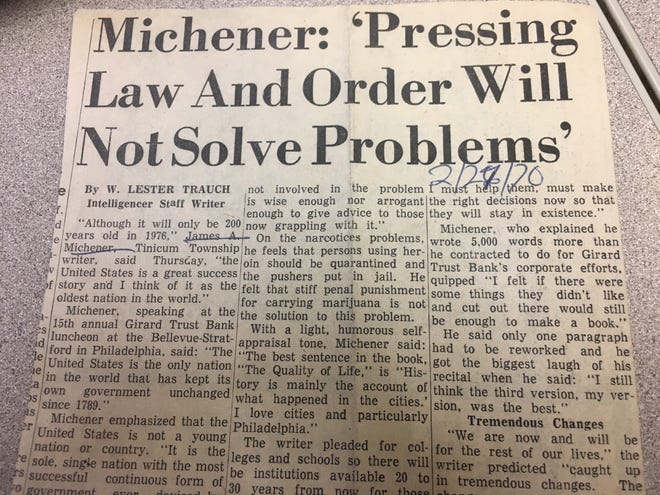An article by former Intelligencer reporter Lester Trauch on comments James Michener made in 1970 foreshadowing today's political climate. [Courtesy of the Doylestown Historical Society]