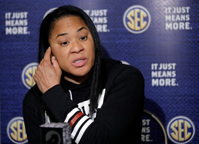 South Carolina head coach Dawn Staley answers questions during the Southeastern Conference women’s NCAA college basketball media day Thursday, Oct. 19, 2017, in Nashville, Tenn. (AP Photo/Mark Humphrey)