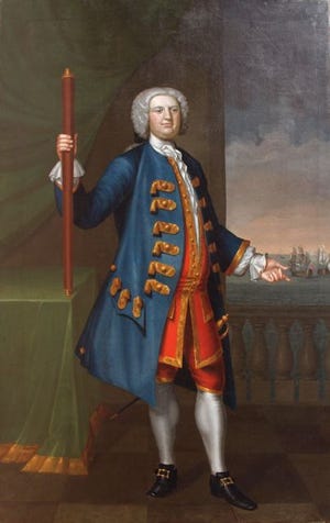 This portrait of French and Indian War hero Sir Peter Warren has graced the Reading Room of the Portsmouth Athenaeum for almost 200 years. [Photo courtesy of Portsmouth Athenaeum]