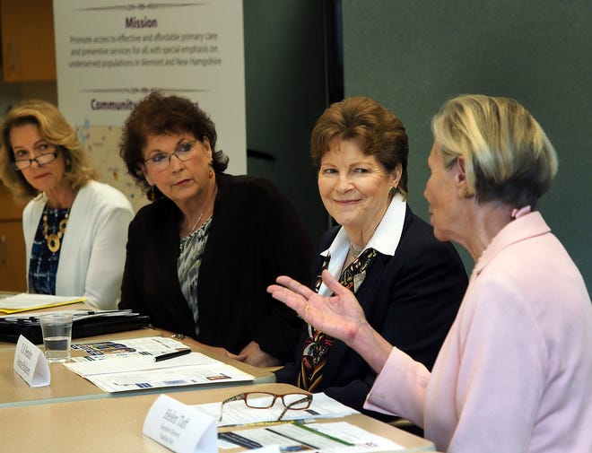 Sen. Jeanne Shaheen, D-NH, joins healthcare professionals including: Bi-State Primary Care Association representatives Marilyn Sullivan, left, and Tess Kuenning, and Helen Taft, executive director of Families First, at right, during a healthcare open enrollment rountable discussion Monday, at Families First and Support Center in Portsmouth.
[Rich Beauchesne/Seacoastonline]