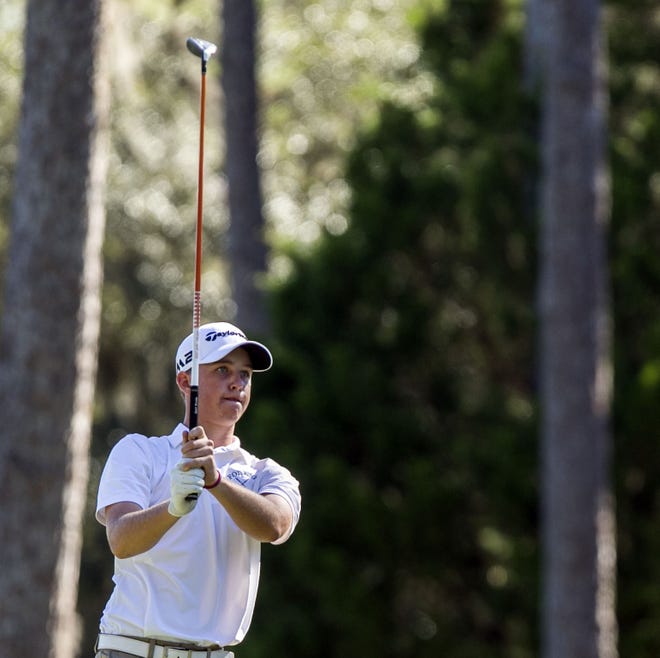 Forest's Gray Albright watches his tee shot off hole 8 in the boy's Class 3A, Region 1 Tournament at Golden Ocala Golf and Equestrian Club in Ocala. [Cyndi Chambers/Correspondent]