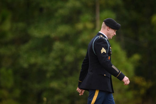 Sgt. Bowe Bergdahl leaves the Fort Bragg courthouse after a sentencing hearing on Monday, Oct. 23, 2017, on Fort Bragg, N.C. Sentencing for Bergdahl on charges of desertion and misbehavior before the enemy was set to begin Monday, but the judge instead heard arguments about a last-minute Trump-related motion. The sentencing case is scheduled to resume on Wednesday. (Andrew Craft/The Fayetteville Observer via AP)
