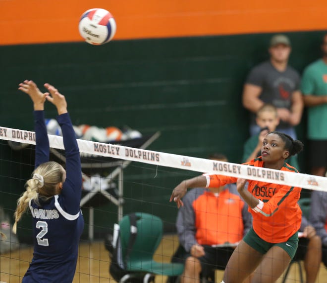 Mosley's Adonna Brown tries to hit the ball over the outstretched arms of Arnold's Sydney Painter during last week's District 1-6A title match at Mosley. [PATTI BLAKE/THE NEWS HERALD]