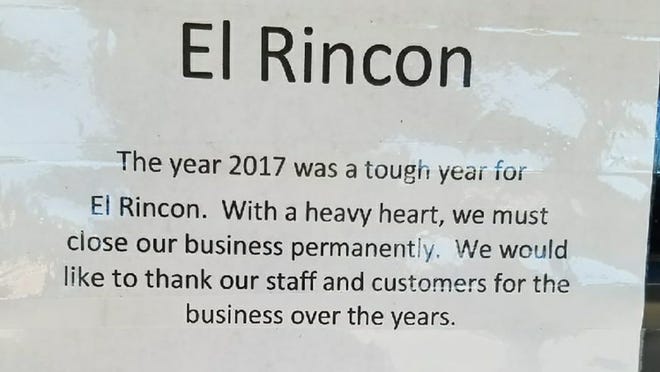 A sign posted on the front window of El Rincon says the Mexican restaurant closed after a "tough year." Courtesy photo
