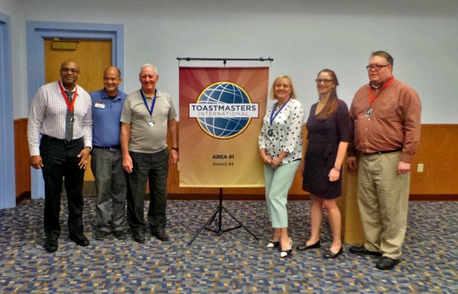 The Toastmasters Area 91 contest took place on Sept. 30 at the DeLand Regional Library. Area 91 covers Port Orange, DeLand, Daytona Beach, and New Smyrna Beach. Pictured from left: Stephen Francis, second place humorist; Fred Bergeron, Division I director; Ray Gant, first place humorist; LeAnn Shaw, first place evaluator; Michele Locker; Area 91 director, Andrew Kokitus; second place evaluator. For information, contact Michele Locker at 386-748-6178, or michelel@moremichele.com. [Photo provided]