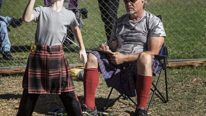 NoMike Baab, athletic director for the Austin Highland Games, watches as Elias Debacker, 10, throws a stone during the Kids Games held at the Austin Celtic Fest. AMERICAN-STATESMAN 2015