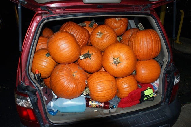 This Oct. 18, 2017 photo released by the Maryland Heights Police Department shows a pumpkin-crammed SUV in Maryland Heights, Mo. Police caught three teenagers with 48 stolen pumpkins and are asking residents of the St. Louis suburb to view a "pumpkin lineup" online to see if their Halloween squash are among those recovered. (Maryland Heights Police Department via AP)