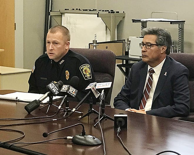 Elmira City Police Chief Joseph Kane, left, and Chemung County District Attorney Weeden Wetmore spoke Thursday at a press conference regarding a police chase that ended with a suspect being shot and killed. [Stephen Borgna/The Leader]