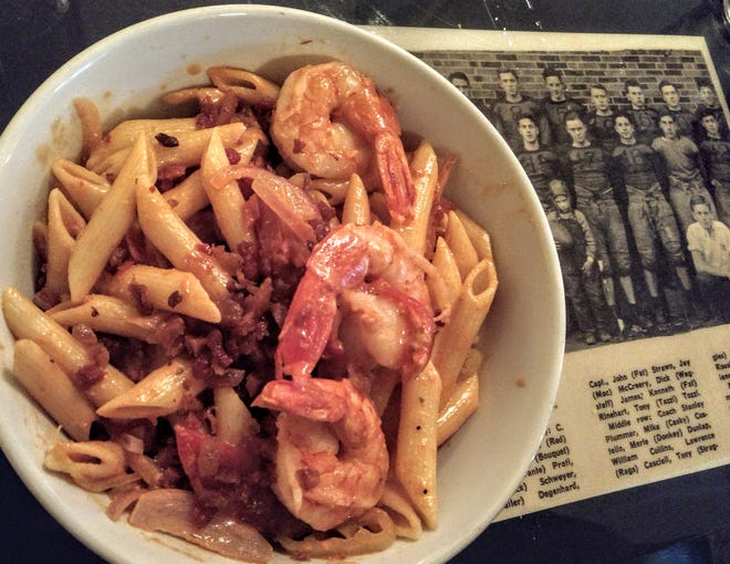 Penne Arrabiatta with shrimp and bacon.