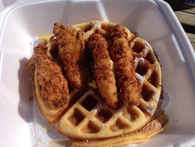 The chicken and waffles from Grub-n-Out Food Truck.