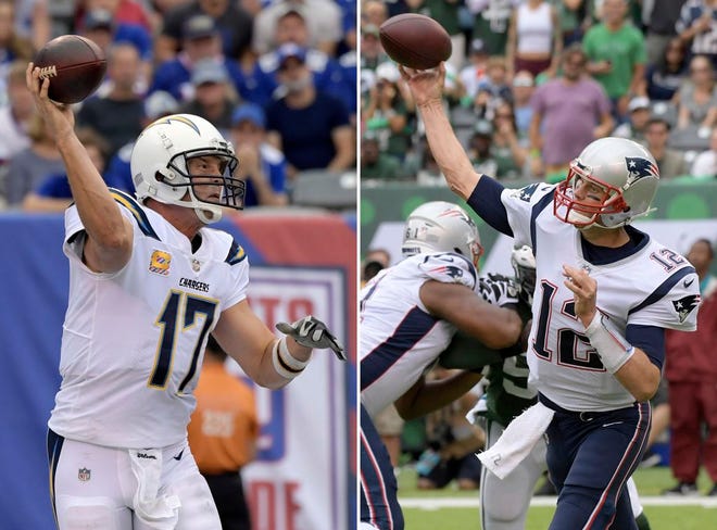 FILE - At left, in an Oct. 8, 2017, file photo, Los Angeles Chargers quarterback Philip Rivers (17) throws a pass during the first half of an NFL football game against the New York Giants, in East Rutherford, N.J. At right, in an Oct. 15, 2017, file photo, New England Patriots quarterback Tom Brady (12) throws a pass during the first half of an NFL football game against the New York Jets, in East Rutherford, N.J. The Chargers and Patriots enter Sundayâ€™s matchup as two of the hottest teams in the NFL.(AP Photo/Bill Kostroun, File)