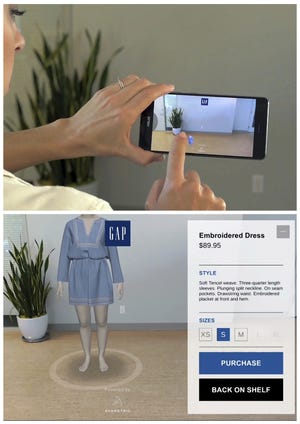 This combination of images provided by Gap Inc. demonstrates the company's augmented reality app that allows shoppers to virtually try on clothes. Shoppers enter information like height and weight and then the app puts a 3-D model in front of them. However, the tool only works on Google Tango smartphones. (Courtesy of Gap Inc. via AP)