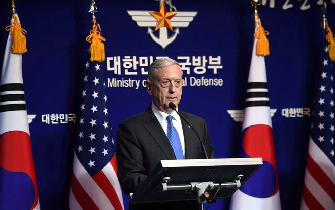 U.S. Secretary of Defense Jim Mattis speaks during a joint press conference with South Korea's Defense Minister Song Young-moo after the Security Consultative Meeting (SCM) at the Defense Ministry, Saturday in Seoul, South Korea. During the briefing Mattis says the threat of nuclear missile attack by North Korea is accelerating.