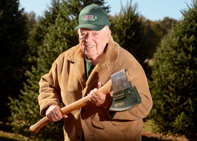 David Geer, 92, at his family tree farm in Griswold. Geer earned numerous lumberjack awards and accolades over the years in competitions both in the United States and Australia.

[Aaron Flaum/NorwichBulletin.com]