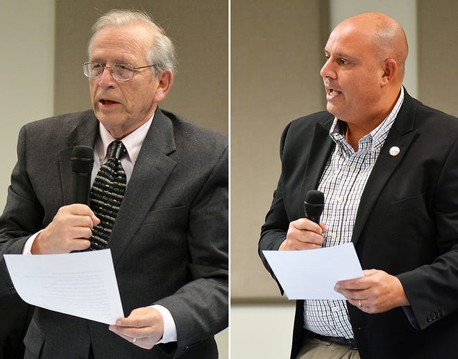 Corning City Council Third Ward candidates Democrat Jim Scouten and Republican Chris Karam. [ERIC WENSEL/THE LEADER]