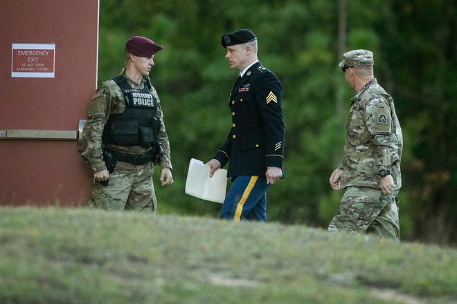 United States Army Sgt. Bowe Bergdahl arrives at the Fort Bragg courtroom facility for a sentencing hearing on Monday, Oct. 30, 2017, on Fort Bragg, N.C. Bergdahl, who walked off his base in Afghanistan in 2009 and was held by the Taliban for five years, pleaded guilty to desertion and misbehavior before the enemy. (Andrew Craft/The Fayetteville Observer via AP)/The Fayetteville Observer via AP)