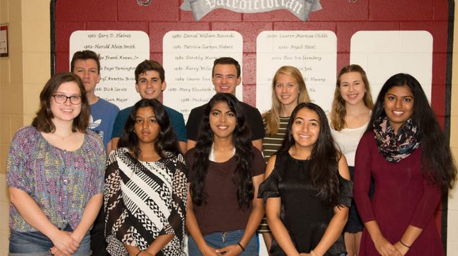Eleven Lenape High School students were recognized with "Letters of Commendation" from the National Merit Scholarship Committee. They are (from left, back row):  Matthew Kane,Carmen DiGironimo, Jackson Bauer, Katherine Seeman and Julia Zak; 

(front row): Amanda Smalfus, Nivedita Ramalingam, Sreya Sanyal, Sakshi Chopra, who was also recognized as a National Merit semifinalist, and Sanjana Jampana. Nikhil Sachdeva is not pictured. [COURTESY OF LENAPE HIGH SCHOOL]