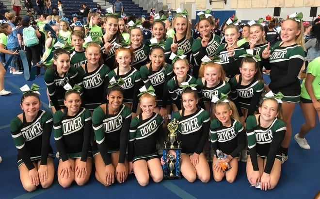 The Dover Little Green cheerleaders varsity team continued its 2017 competitive cheer season with recent back-to-back first-place wins at the Cheer Explosion held at Concord High School and Cheer Madness hosted by Nashua North High School. The team includes captains Tylee Barnes, Teigan Brayen, Amelia Perkins, and Alysia Tellez; Kara Bergeron, Arianna Bowden, Katherine Carter, Hailey Caveretta, Aurora Starr Crosbie, Claire Drouin, Maddie Dyjak, Emma Fitzgerald, Ashley Kelley, Nicole Kelley, Mia LaGrassa, Reagan Leary, Courtney Maxfield, Natalie Riley, Ashley Smith, Linley Walker, Kezia Wihardja, Emily Wilson, and Nikolas Zielfelder. [Courtesy photo]