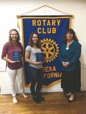 Rotary Club of Yreka students of the month Kassidy Fitzpatrick, left, and Anya Ireson-Janke hold the plaques the received for their honor. The pair is pictured with Marie Caldwell of the Rotary Club.