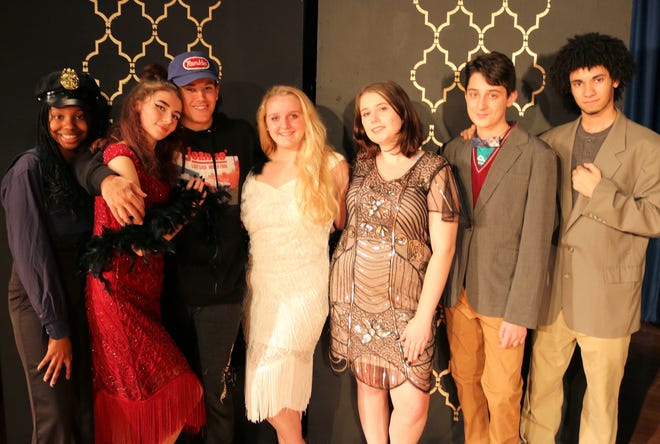 Starring in Apponequet Regional High School's presentation of "The Great Gatsby" are, from left, LeAndra Stroud, Julianna Sheridan, Nick Maloof, Lily Jeswald, Jillian Alvilhiera, Nathan David, and Chahi Summers. Submitted