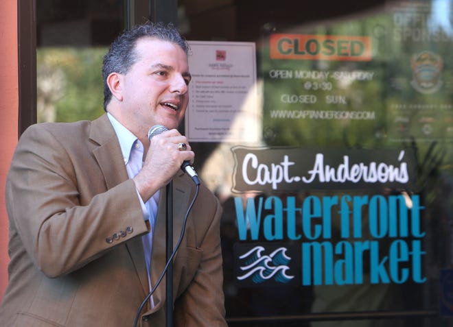 CFO Jimmy Patronis speaks during a celebration for the 50th anniversary of Capt. Anderson's Restaurant and Waterfront Market. [PATTI BLAKE/THE NEWS HERALD]