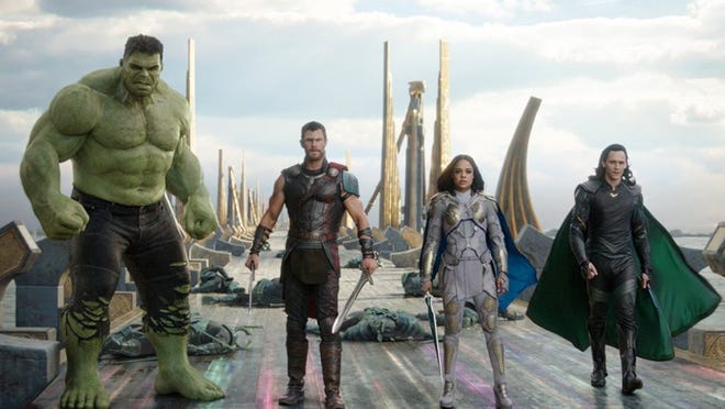 From left: the Hulk (voiced by Mark Ruffalo), Chris Hemsworth as Thor, Tessa Thompson as Valkyrie and Tom Hiddleston as Loki star in “Thor: Ragnarok.” Contributed by Marvel Studios