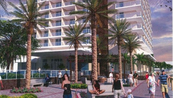 Palm Harbor Marina hotel, as proposed in 2014. Neighboring condo said the 8-story waterfront plan violated 4-story property restriction. (Artist’s rendering)