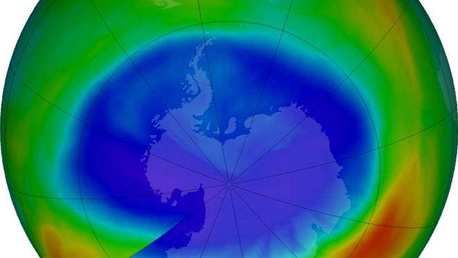 At its peak on Sept. 11, 2016, the ozone hole extended across an area nearly 2.5 times the size of the continental U.S. The purple and blue colors are areas with the least ozone. — NASA/NASA Ozone Watch/Katy Mersmann