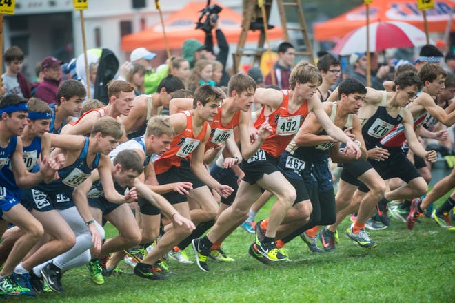 DAVID ZALAZNIK/JOURNAL STAR Elmwood/Brimfield runners Alex Hermann, 491, Trevor Dunkel, 490, and Cooper Hoffman, 492, erupt from the starting line Saturday in an effort that brought first place team honors in the IHSA State 1A Boys cross country finals at Detweiler Park.