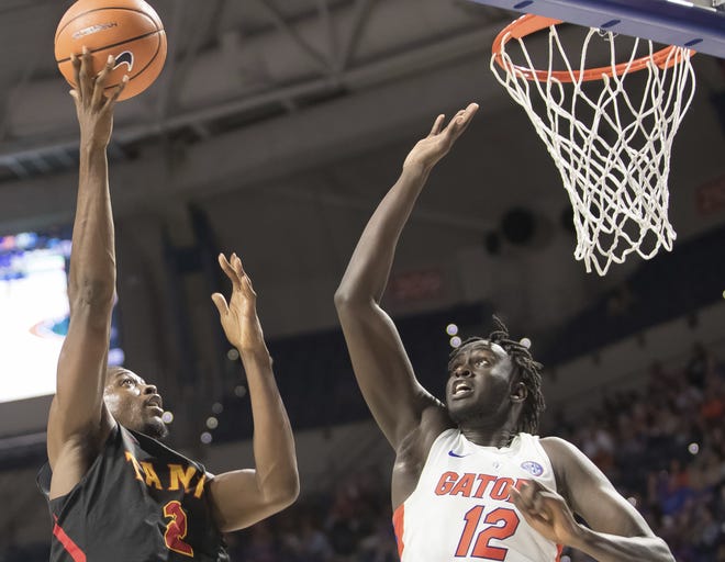 Tampa forward Duke Shelton puts up a shot against Florida center Gorjok Gak during the first half of Sunday's exhibition game in the O'Connell Center. [Ron Irby/The Associated Press]