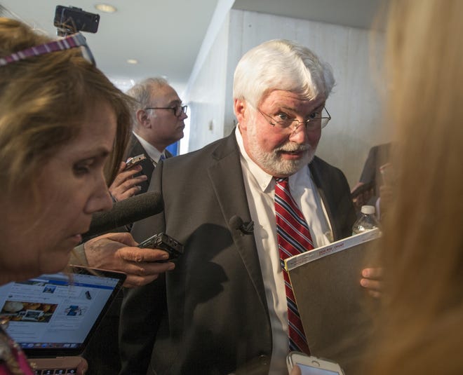 Florida senator and candidate for governor Jack Latvala barks at a reporter after speaking at the Florida AP Legislative Day at the Florida Capitol on Thursday. [AP Photo/Mark Wallheiser]