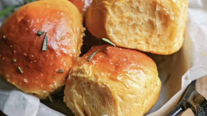 Sweet potatoes add a hint of color and sweetness to these dinner rolls from “Cast Iron Gourmet.” Contributed by Megan Keno