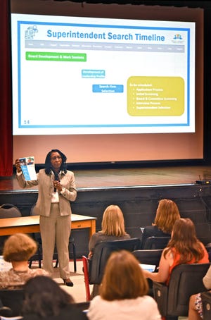 School Board Chairman Paula Wright describes the Strategic Plan and the Superintendent Search Timeline with the participants. (Bob Mack/Florida Times-Union)