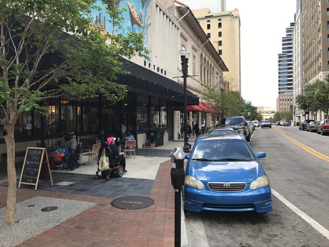 Laura Street is a good example of best practices Downtown. It’s narrow with parking. It’s two-way. So pedestrians are favored over cars. It feels safer and more inviting to people. There even are stretches with awnings that protect people from sun and rain.