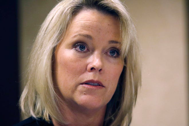 Former Boston television news anchor Heather Unruh speaks Wednesday, Nov. 8, 2017, in Boston, about the alleged sexual assault of her teenage son by actor Kevin Spacey in the summer of 2016 on Nantucket. (AP Photo/Bill Sikes)