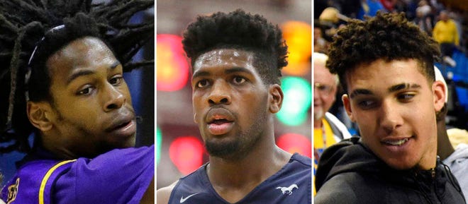 Citing a person close to the situation, the Los Angeles Times reported that UCLA freshmen LiAngelo Ball, right, Cody Riley, center, and Jalen Hill, left, were involved in a shoplifting incident in China. UCLA basketball coach Steve Alford will sit the three players for Saturday’s game against Georgia Tech in Shanghai. (AP Photo/File)