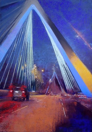 True Grit Art Gallery in Middleboro hosts a new exhibit this month. "Nocturnes" will feature local artists' work focused on night scenes and starts Nov. 18 with an opening night reception. Seen here, a painting of the Zakim Bridge in Boston at night by Diane Sawyer. [Submitted]